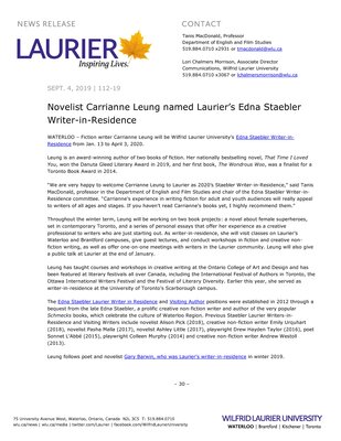 112-2019 : Novelist Carrianne Leung named Laurier’s Edna Staebler Writer-in-Residence