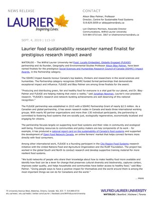 113-2019 : Laurier food sustainability researcher named finalist for prestigious research impact award