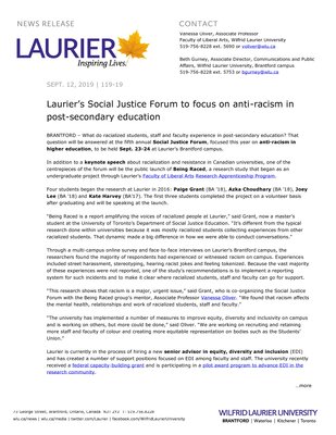 119-2019 : Laurier’s Social Justice Forum to focus on anti-racism in post-secondary education