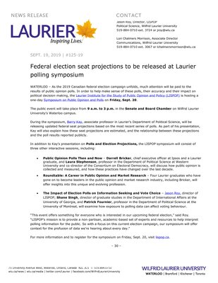 125-2019 : Federal election seat projections to be released at Laurier polling symposium