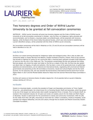 127-2019 : Two honorary degrees and Order of Wilfrid Laurier University to be granted at fall convocation ceremonies