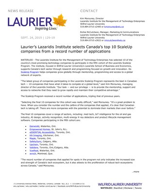 129-2019 : Laurier’s Lazaridis Institute selects Canada’s top 10 ScaleUp companies from a record number of applications