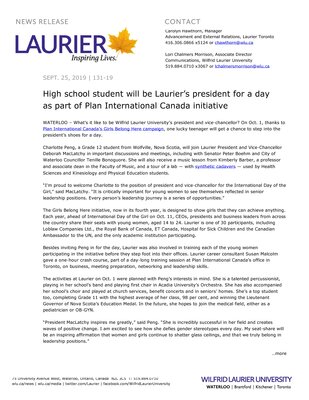 131-2019 : High school student will be Laurier’s president for a day as part of Plan International Canada initiative