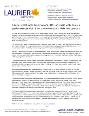 138-2019 : Laurier celebrates International Day of Music with pop-up performances Oct. 1 on the university’s Waterloo campus