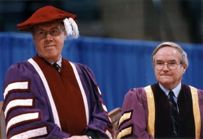 Chancellor John E. Cleghorn and Robert Rosehart at Wilfrid Laurier University spring convocation 1998