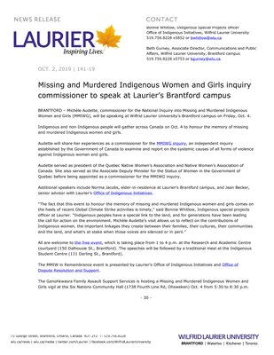 141-2019 : Missing and Murdered Indigenous Women and Girls inquiry commissioner to speak at Laurier’s Brantford campus