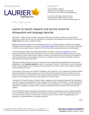 144-2019 : Laurier to launch research and service centre for bilingualism and language learning