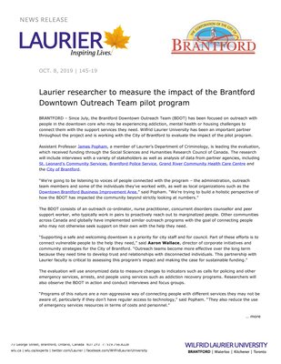 145-2019 : Laurier researcher to measure the impact of the Brantford Downtown Outreach Team pilot program