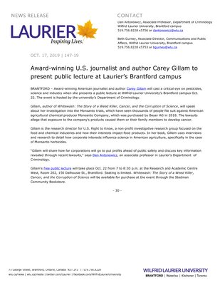 147-2019 : Award-winning U.S. journalist and author Carey Gillam to present public lecture at Laurier’s Brantford campus