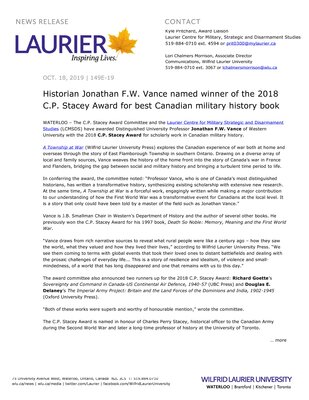 149E-2019 : Historian Jonathan F.W. Vance named winner of the 2018 C.P. Stacey Award for best Canadian military history book