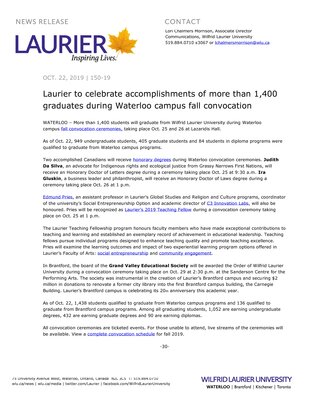 150-2019 : Laurier to celebrate accomplishments of more than 1,400 graduates during Waterloo campus fall convocation