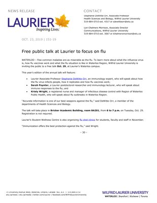 151-2019 : Free public talk at Laurier to focus on flu