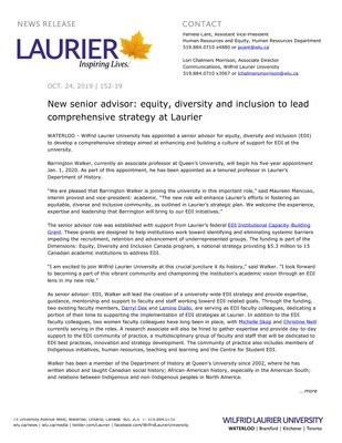 152-2019 : New senior advisor: equity, diversity and inclusion to lead comprehensive strategy at Laurier