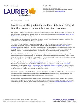 153-2019 : Laurier celebrates graduating students, 20th anniversary of Brantford campus during fall convocation ceremony