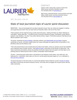 154-2019 : State of local journalism topic of Laurier panel discussion