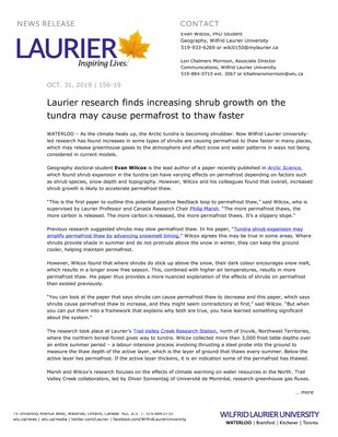 156-2019 : Laurier research finds increasing shrub growth on the tundra may cause permafrost to thaw faster