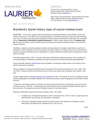 160-2019 : Brantford’s Jewish history topic of Laurier-hosted event