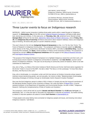 161-2019 : Three Laurier events to focus on Indigenous research