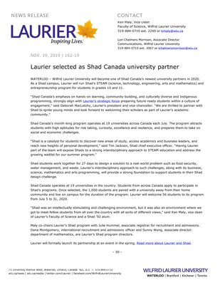 162-2019 : Laurier selected as Shad Canada university partner