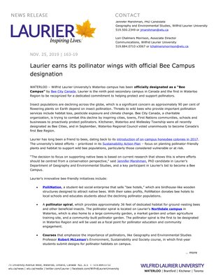 163-2019 : Laurier earns its pollinator wings with official Bee Campus designation