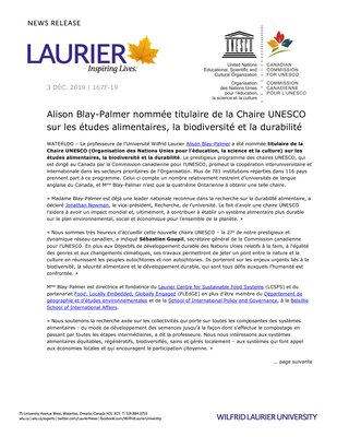 167F-2019 : Alison Blay-Palmer nommée titulaire de la Chaire UNESCO sur les études alimentaires, la biodiversité et la durabilité