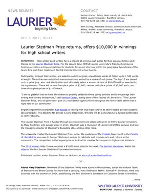 168-2019 : Laurier Stedman Prize returns, offers $10,000 in winnings for high school writers