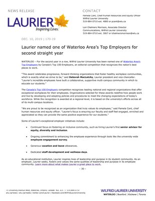 170-2019 : Laurier named one of Waterloo Area’s Top Employers for second straight year