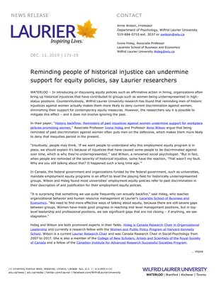 171-2019 : Reminding people of historical injustice can undermine support for equity policies, say Laurier researchers