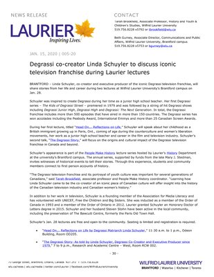 05-2020 : Degrassi co-creator Linda Schuyler to discuss iconic television franchise during Laurier lectures