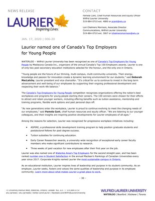 06-2020 : Laurier named one of Canada’s Top Employers  for Young People