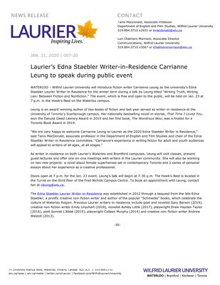 07-2020 : Laurier’s Edna Staebler Writer-in-Residence Carrianne Leung to speak during public event