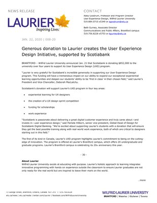 08-2020 : Generous donation to Laurier creates the User Experience Design Initiative, supported by Scotiabank