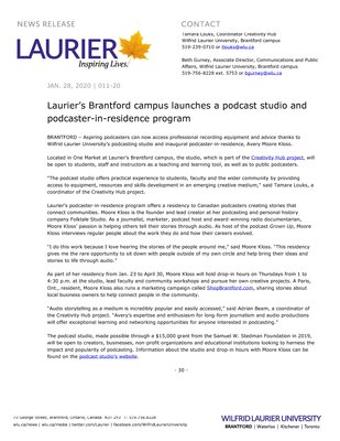 11-2020 : Laurier’s Brantford campus launches a podcast studio and podcaster-in-residence program