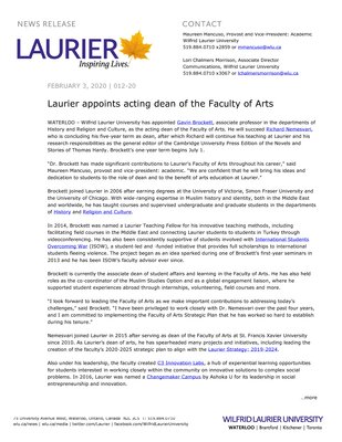 12-2020 : Laurier appoints acting dean of the Faculty of Arts