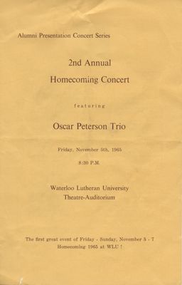 2nd Annual Homecoming Concert featuring Oscar Peterson trio, Friday, November 5th, 1965, Waterloo Lutheran University Theatre-Auditorium