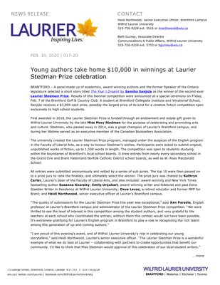 17-2020 : Young authors take home $10,000 in winnings at Laurier Stedman Prize celebration