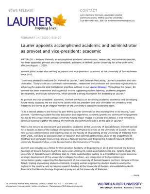 18-2020 : Laurier appoints accomplished academic and administrator as provost and vice-president: academic