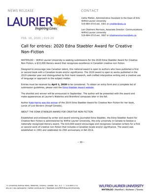 19-2020 : Call for entries: 2020 Edna Staebler Award for Creative Non-Fiction