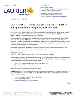 21-2020 : Laurier celebrates Indigenous contributions to education during ninth annual Indigenous Education Week