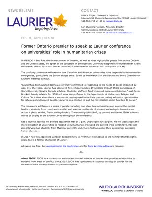 22-2020 : Former Ontario premier to speak at Laurier conference on universities’ role in humanitarian crises