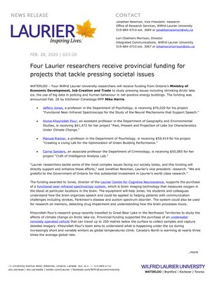 23-2020 : Four Laurier researchers receive provincial funding for projects that tackle pressing societal issues