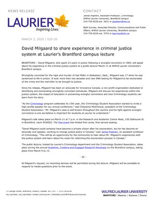 25-2020 : David Milgaard to share experience in criminal justice system at Laurier’s Brantford campus lecture