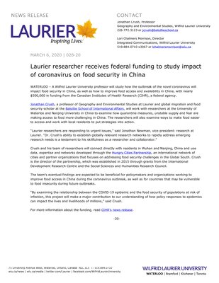 28-2020 : Laurier researcher receives federal funding to study impact of coronavirus on food security in China