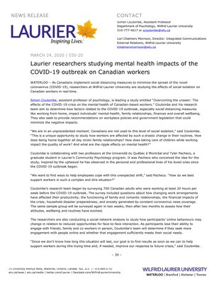 30-2020 : Laurier researchers studying mental health impacts of the COVID-19 outbreak on Canadian workers