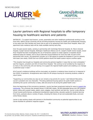 44-2020 : Laurier partners with Regional hospitals to offer temporary housing to healthcare workers and patients