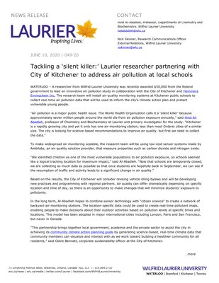 49-2020 : Tackling a ‘silent killer:’ Laurier researcher partnering with City of Kitchener to address air pollution at local schools