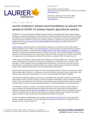 50-2020 : Laurier professors release recommendations to prevent the spread of COVID-19 among migrant agricultural workers