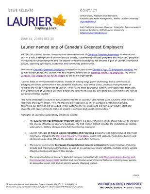 53-2020 : Laurier named one of Canada’s Greenest Employers