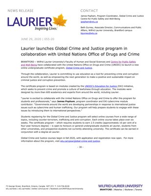 55-2020 : Laurier launches Global Crime and Justice program in collaboration with United Nations Office of Drugs and Crime