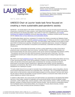 57-2020 : UNESCO Chair at Laurier leads task force focused on creating a more sustainable post-pandemic society